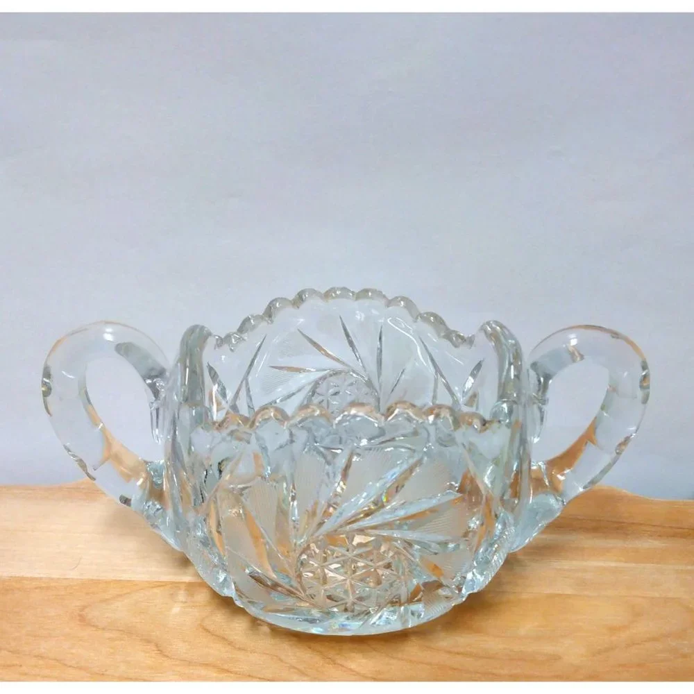 Antique American Brilliant Cut Crystal Hobstar Double Handled Sugar Bowl